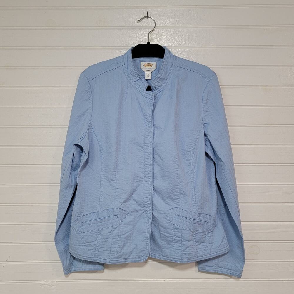Talbots Size 16 Cotton Stretch Mandarin Collar Hook Clasp Jacket Blue Chambray